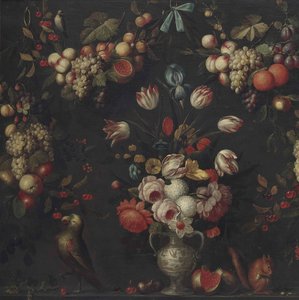 Roses, Hydrangeas, Parrot Tulips and Other Flowers in a Porcelain Vase by Pseudo Simons